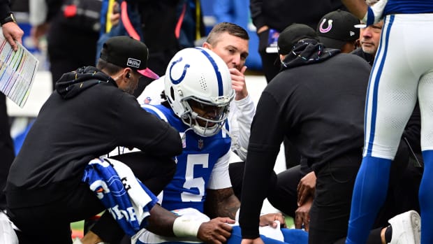 Oct 8, 2023; Indianapolis, Indiana, USA; Indianapolis Colts quarterback Anthony Richardson (5) sits on the field with a shoulder injury during the second quarter against the Tennessee Titans at Lucas Oil Stadium. Mandatory Credit: Marc Lebryk-USA TODAY Sports